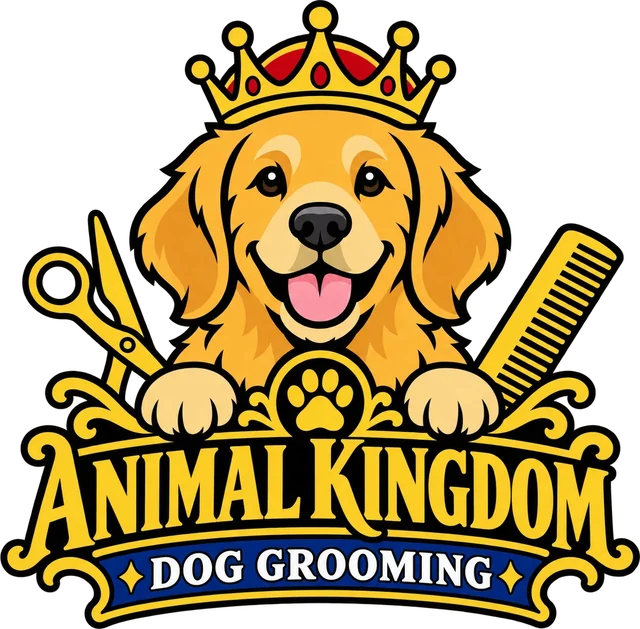 Animal Kingdom Dog Grooming logo: a smiling golden retriever wearing a crown, with gold shears and a comb